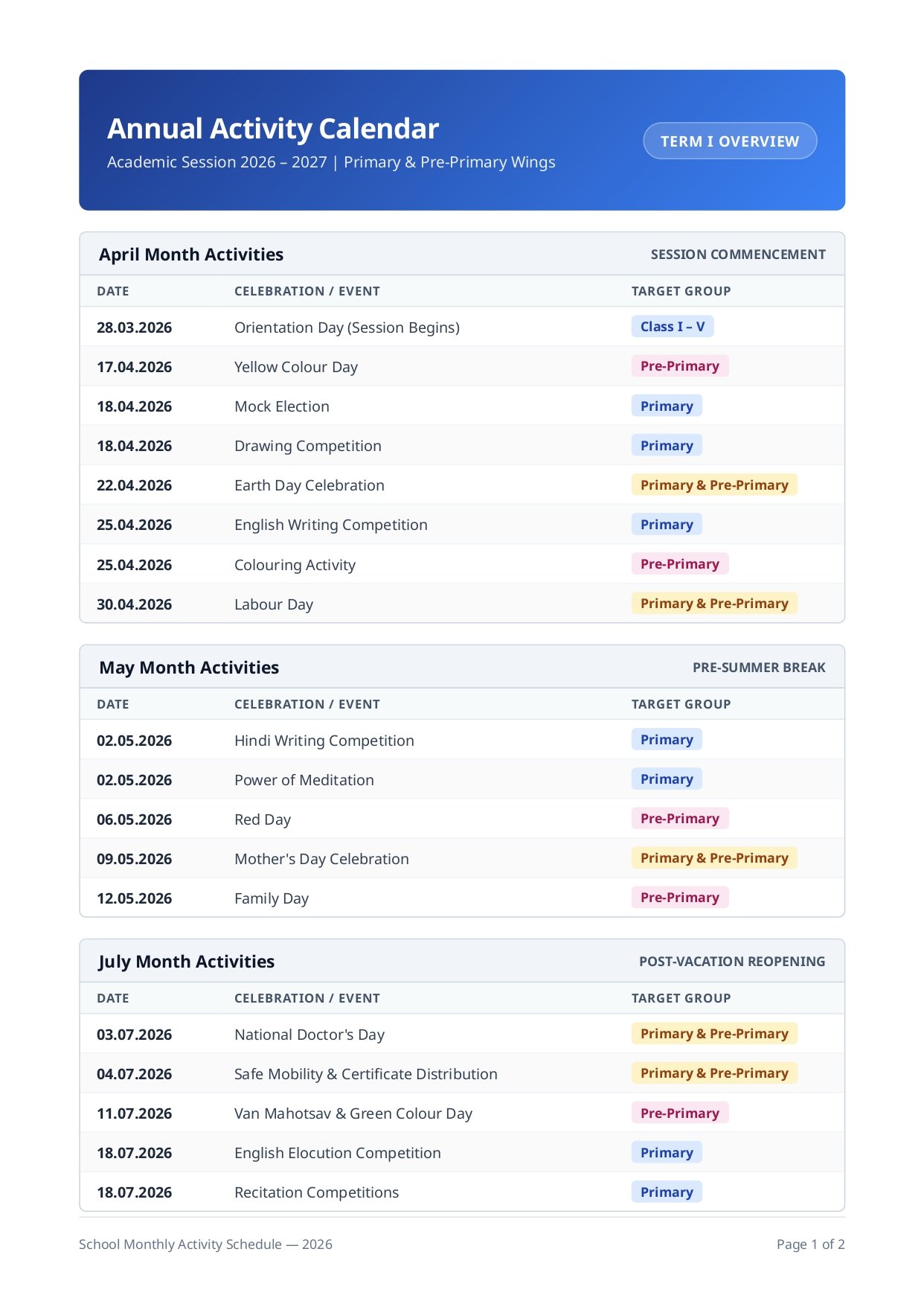 School Activity Calendar